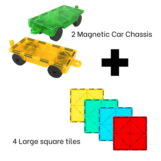 4 pcs Large Square Magnetic Tiles with 2 Car Chassis