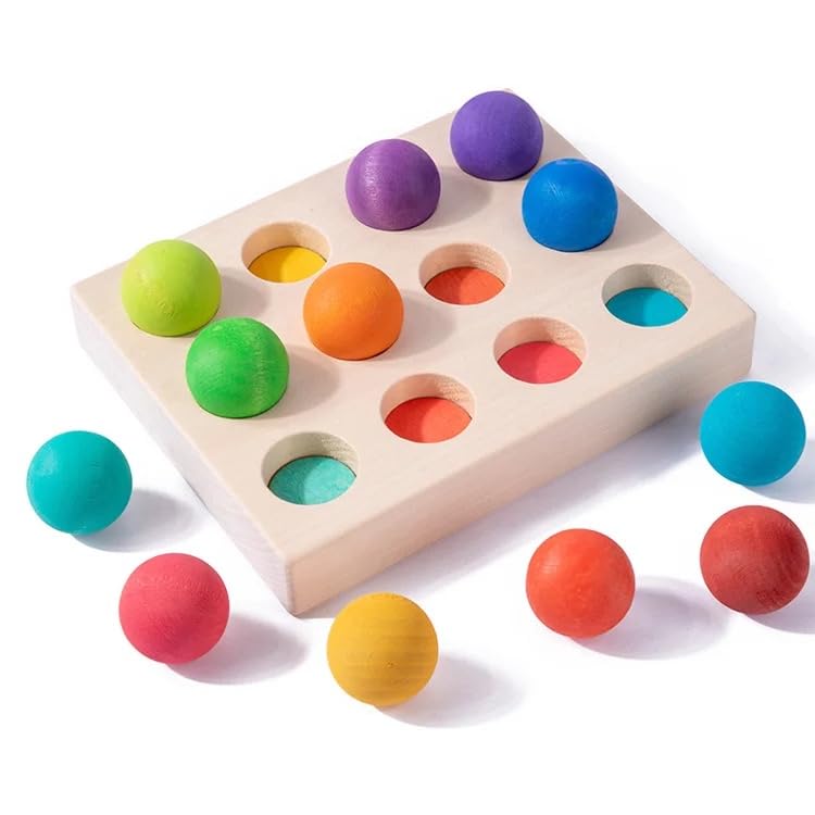 12 Piece Colorful Balls Wooden Rainbow Color Sorting Toy