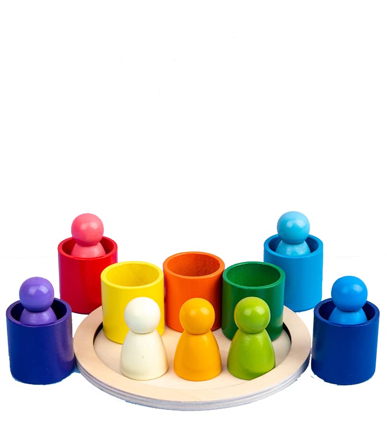 Wooden peg dolls in bowl seven colors blocks