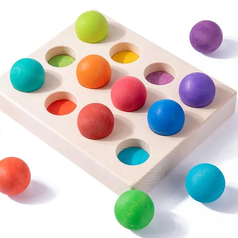 12 Piece Colorful Balls Wooden Rainbow Color Sorting Toy