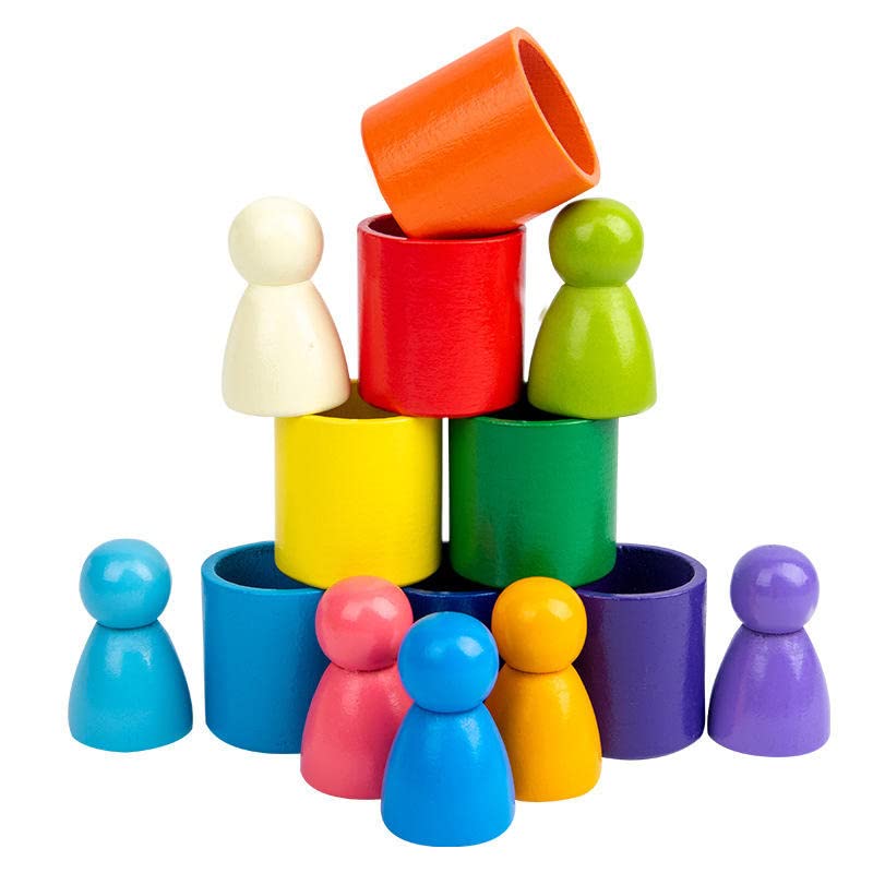 Wooden peg dolls in bowl seven colors blocks