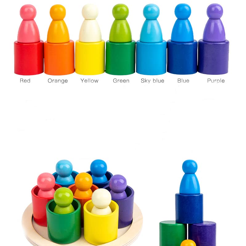 Wooden peg dolls in bowl seven colors blocks