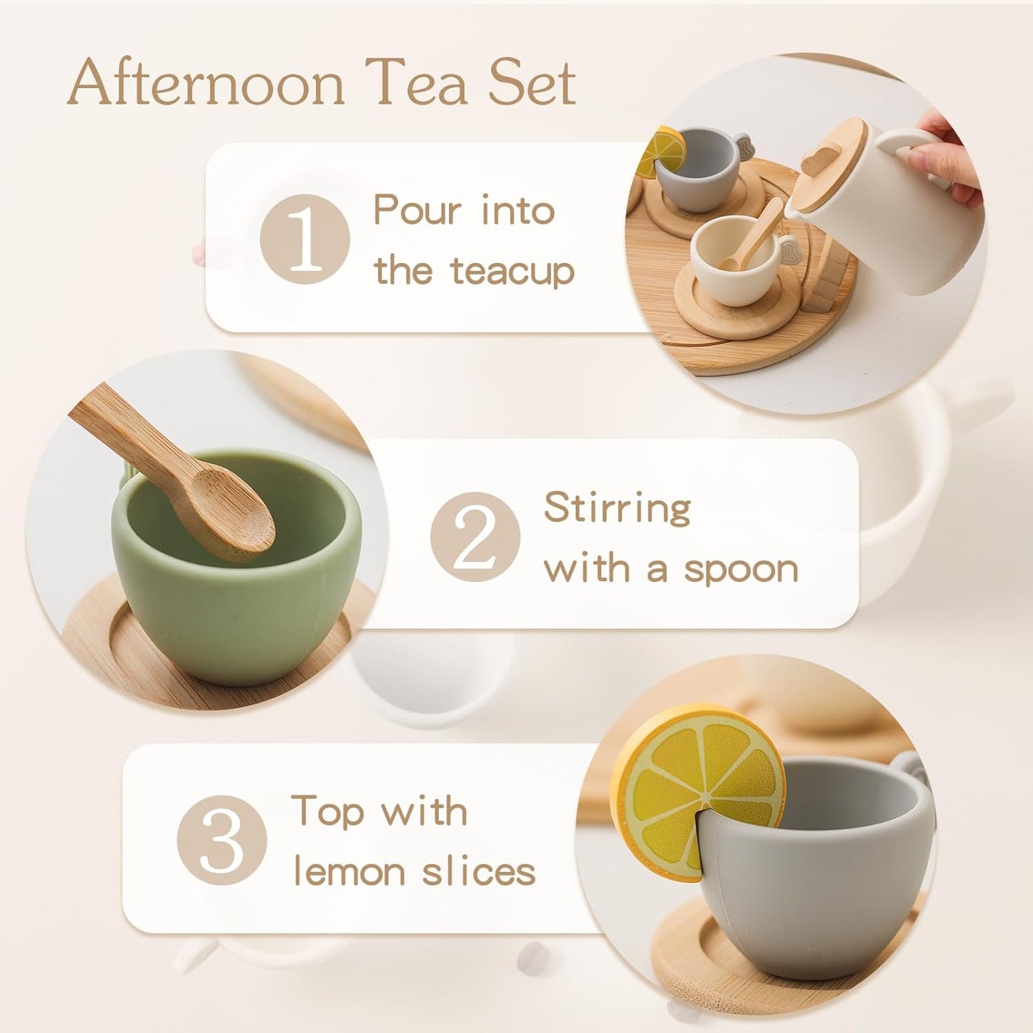 Wooden & Silicone Tea Party Set for Little Girls 14 pcs Toddler Tea Set with Silicone Teapot