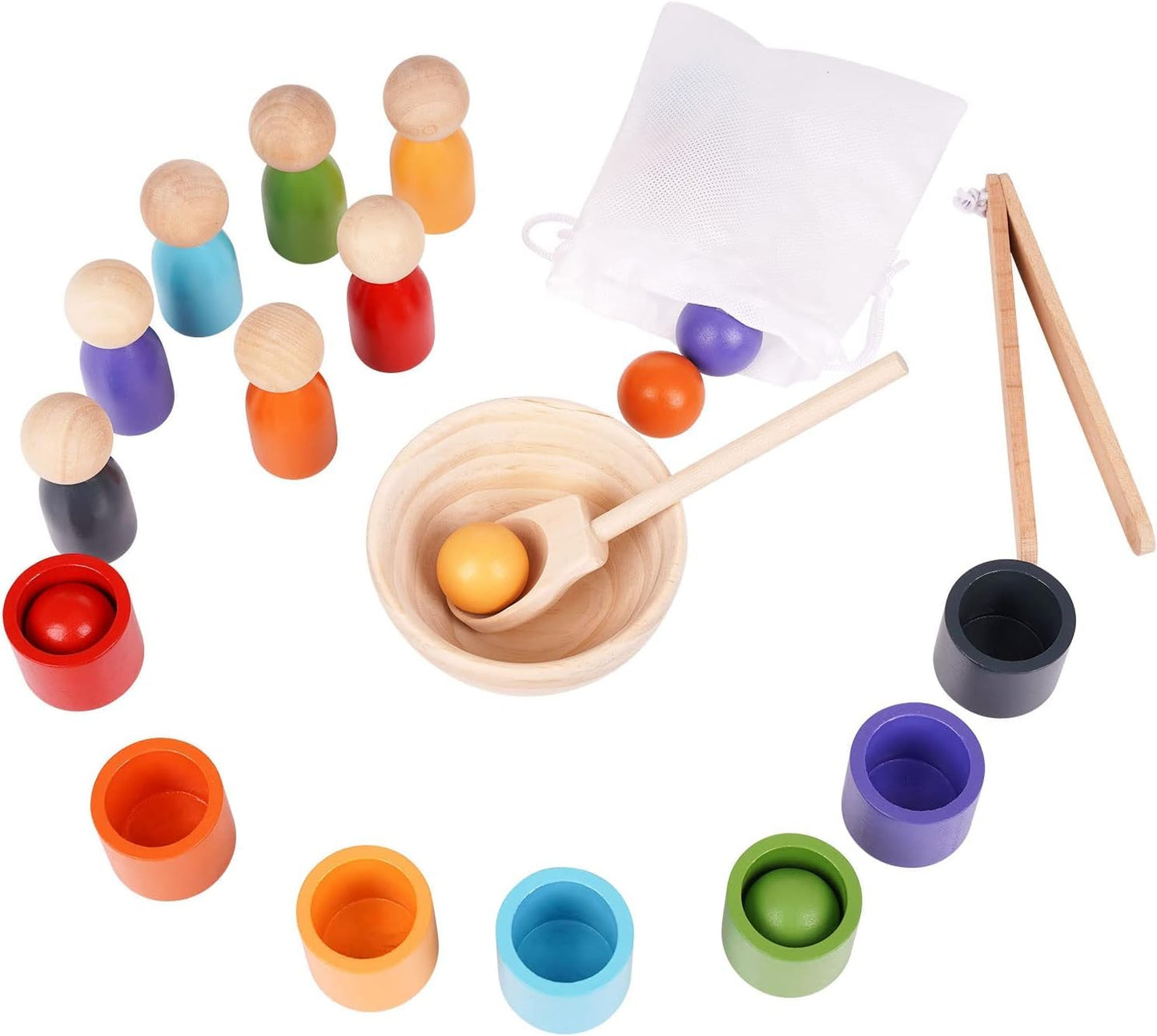 Wooden Colour Sorter Game, Balls in Cups, Montessori Toy Wooden Peg Dolls in Cups Game