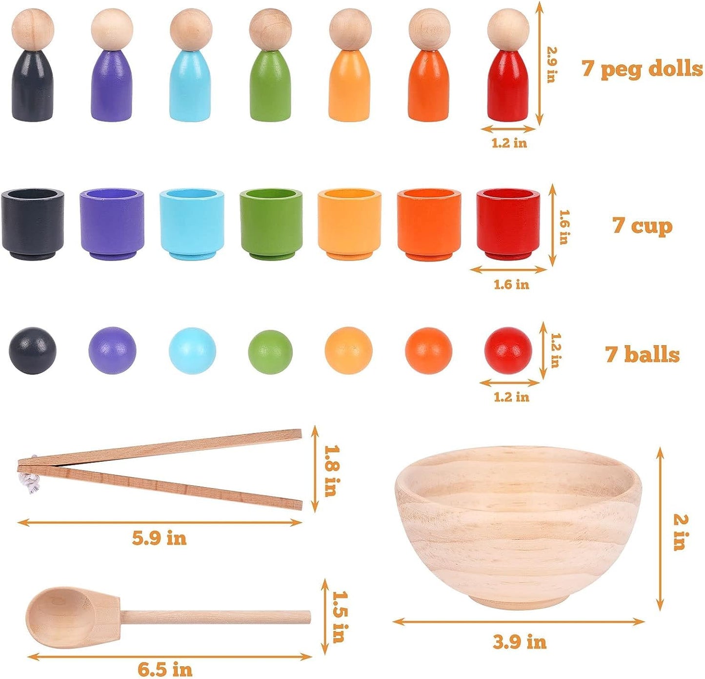 Wooden Colour Sorter Game, Balls in Cups, Montessori Toy Wooden Peg Dolls in Cups Game
