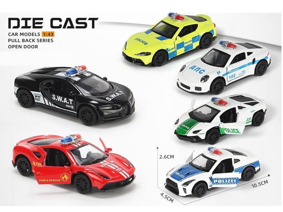 NISSAN GTR 1/43 Die cast metal  Alloy Police Cars, openable doors With Pull Back Function