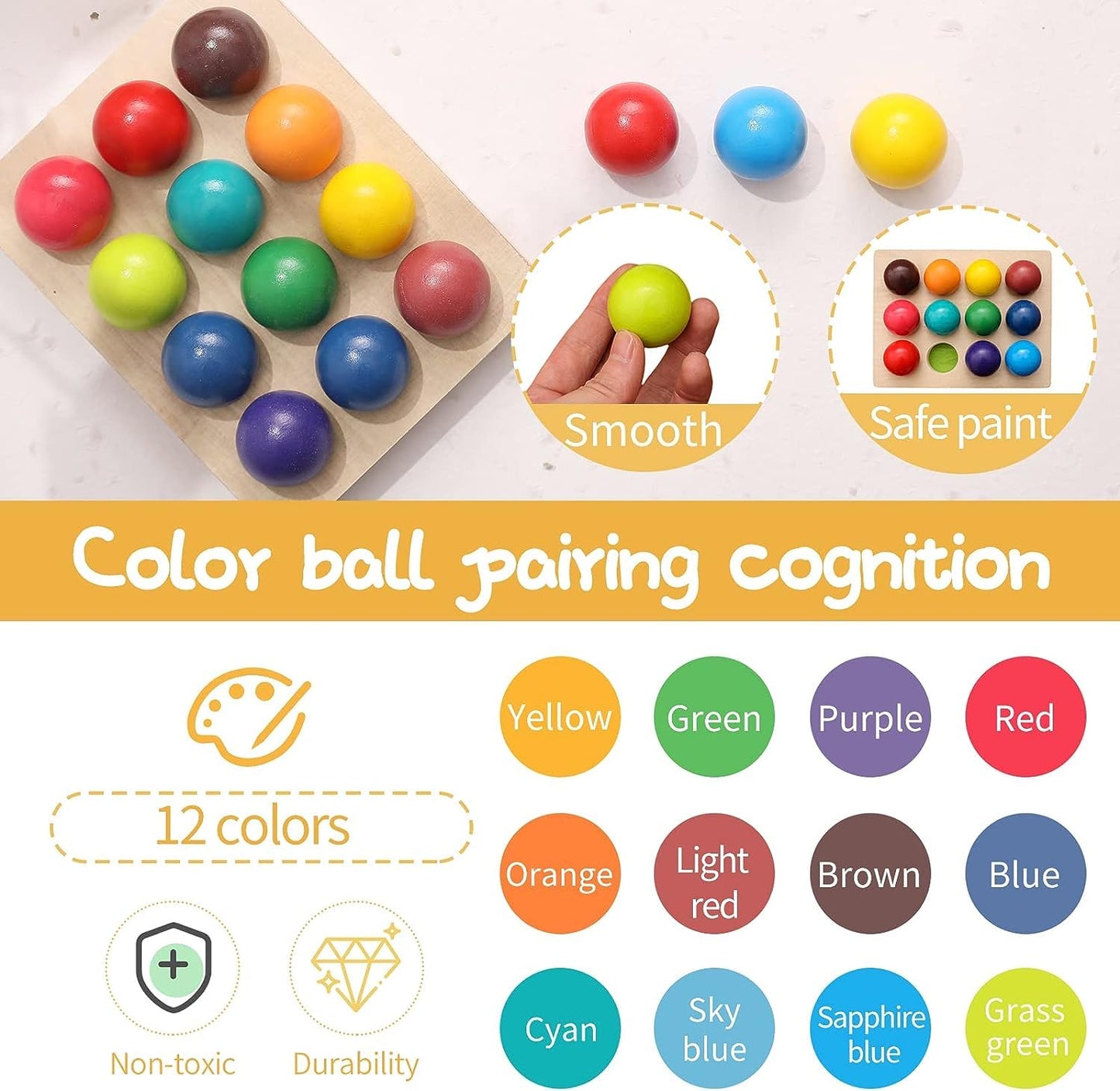 12 Piece Colorful Balls Wooden Rainbow Color Sorting Toy