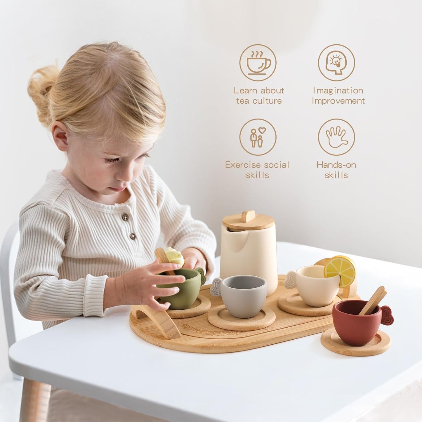 Wooden & Silicone Tea Party Set for Little Girls 14 pcs Toddler Tea Set with Silicone Teapot
