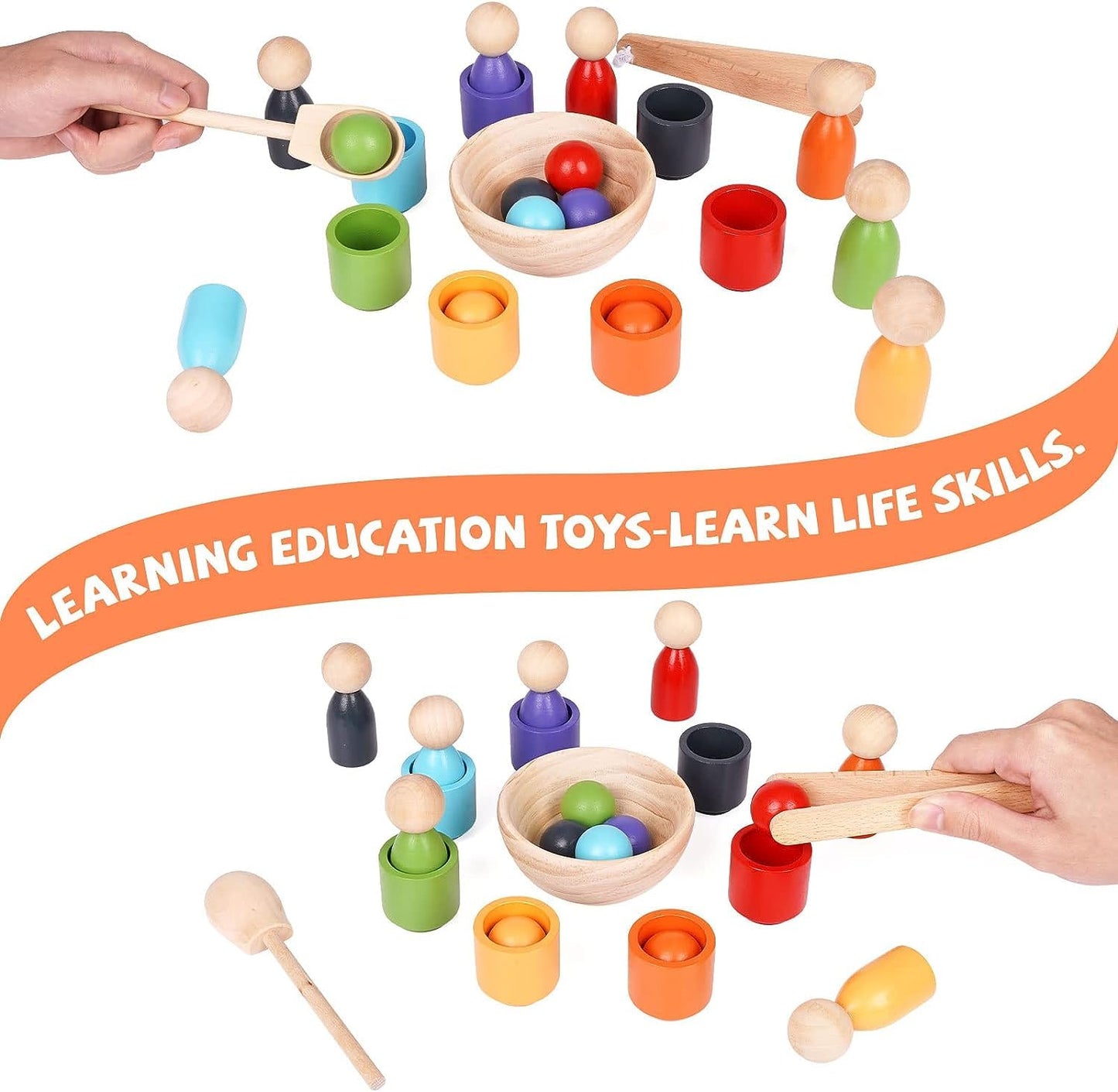 Wooden Colour Sorter Game, Balls in Cups, Montessori Toy Wooden Peg Dolls in Cups Game