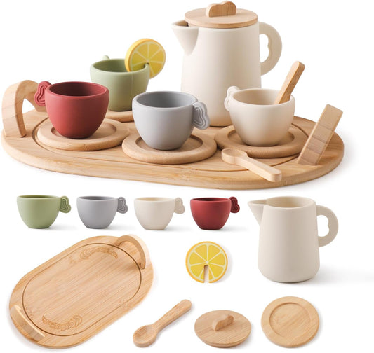 Wooden & Silicone Tea Party Set for Little Girls 14 pcs Toddler Tea Set with Silicone Teapot