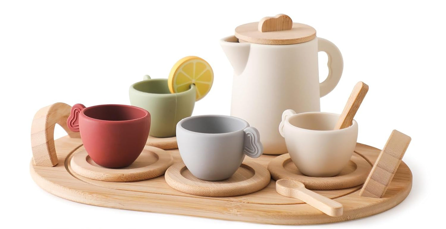 Wooden & Silicone Tea Party Set for Little Girls 14 pcs Toddler Tea Set with Silicone Teapot