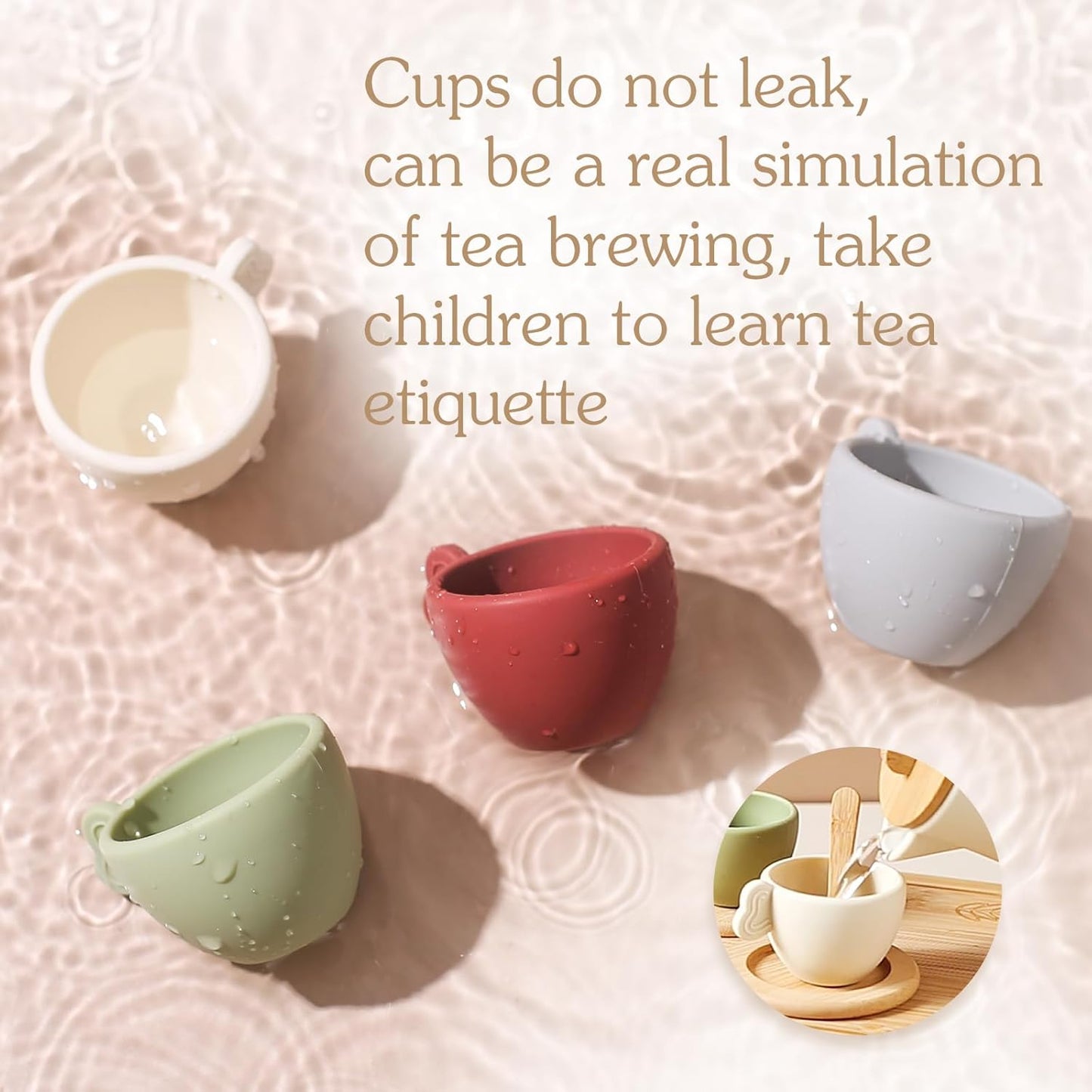 Wooden & Silicone Tea Party Set for Little Girls 14 pcs Toddler Tea Set with Silicone Teapot