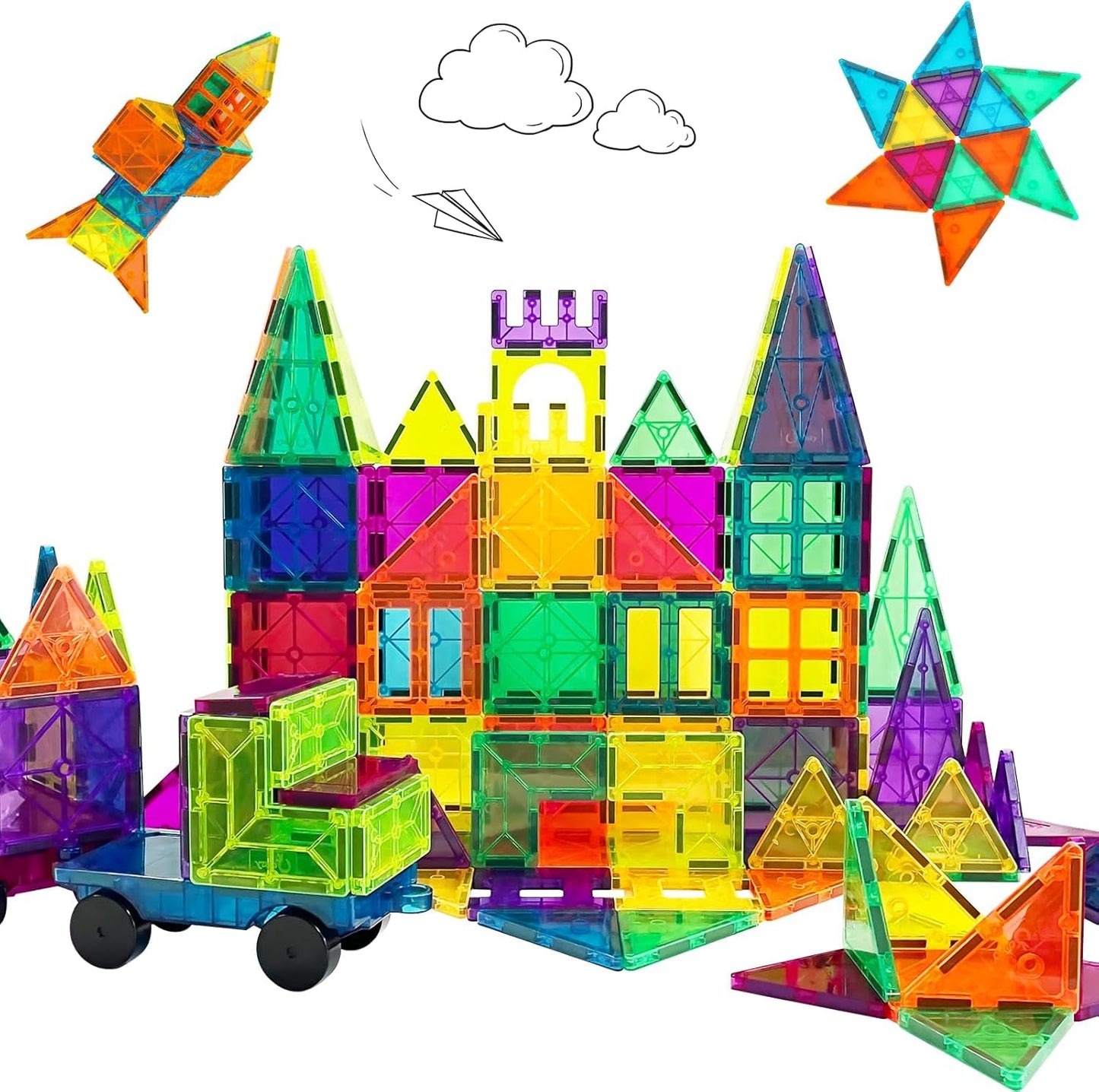 Set of 200 Magnetic Building blocks Tiles For Kids with 4 Car Chassis