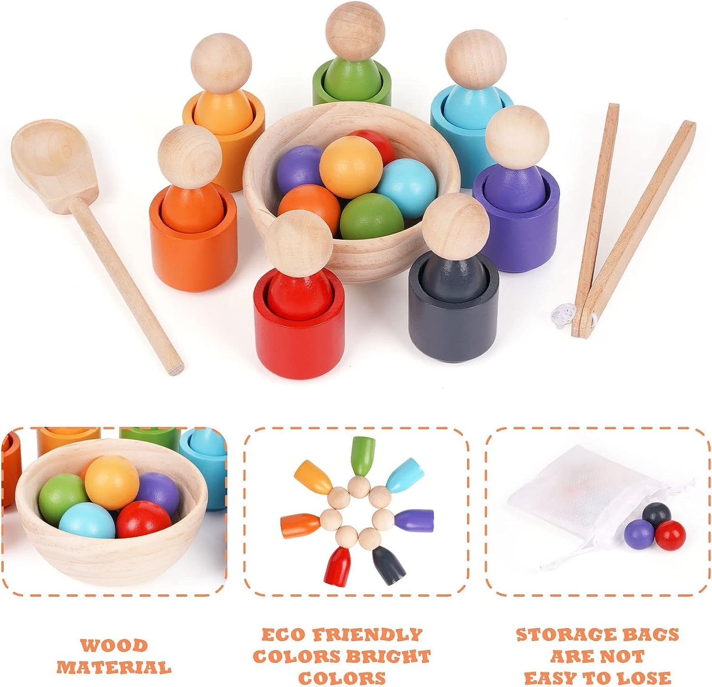 Wooden Colour Sorter Game, Balls in Cups, Montessori Toy Wooden Peg Dolls in Cups Game