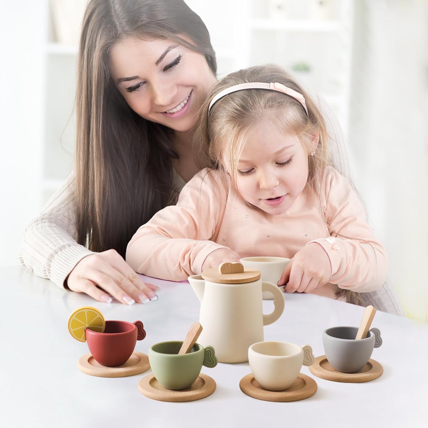 Wooden & Silicone Tea Party Set for Little Girls 14 pcs Toddler Tea Set with Silicone Teapot