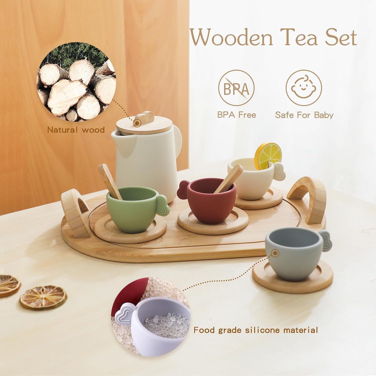 Wooden & Silicone Tea Party Set for Little Girls 14 pcs Toddler Tea Set with Silicone Teapot