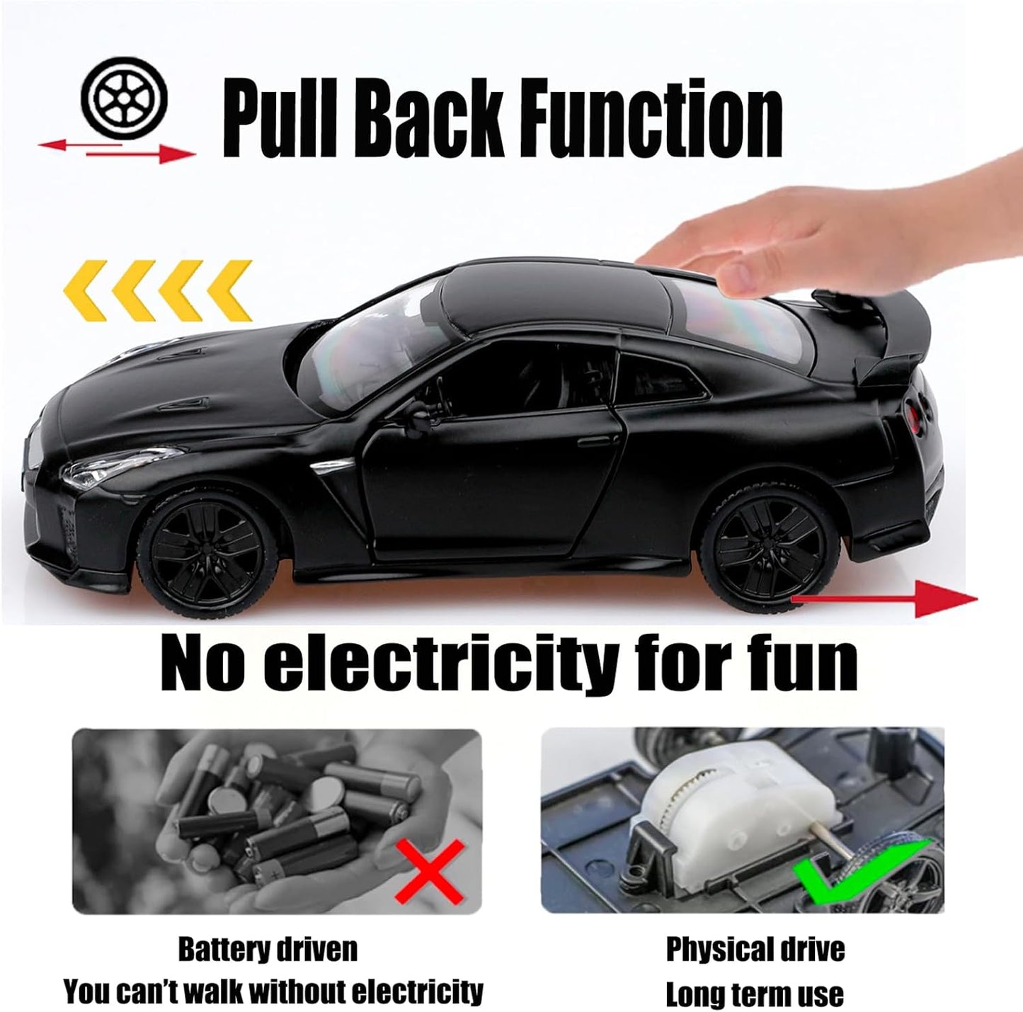 NISSAN GTR 1/36 Die cast metal Alloy Cars, openable doors With Pull Back Function with light & Music multicolor