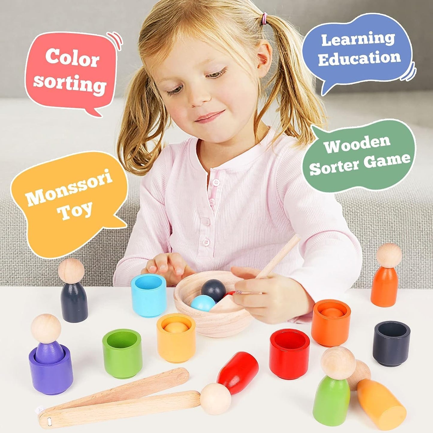 Wooden Colour Sorter Game, Balls in Cups, Montessori Toy Wooden Peg Dolls in Cups Game