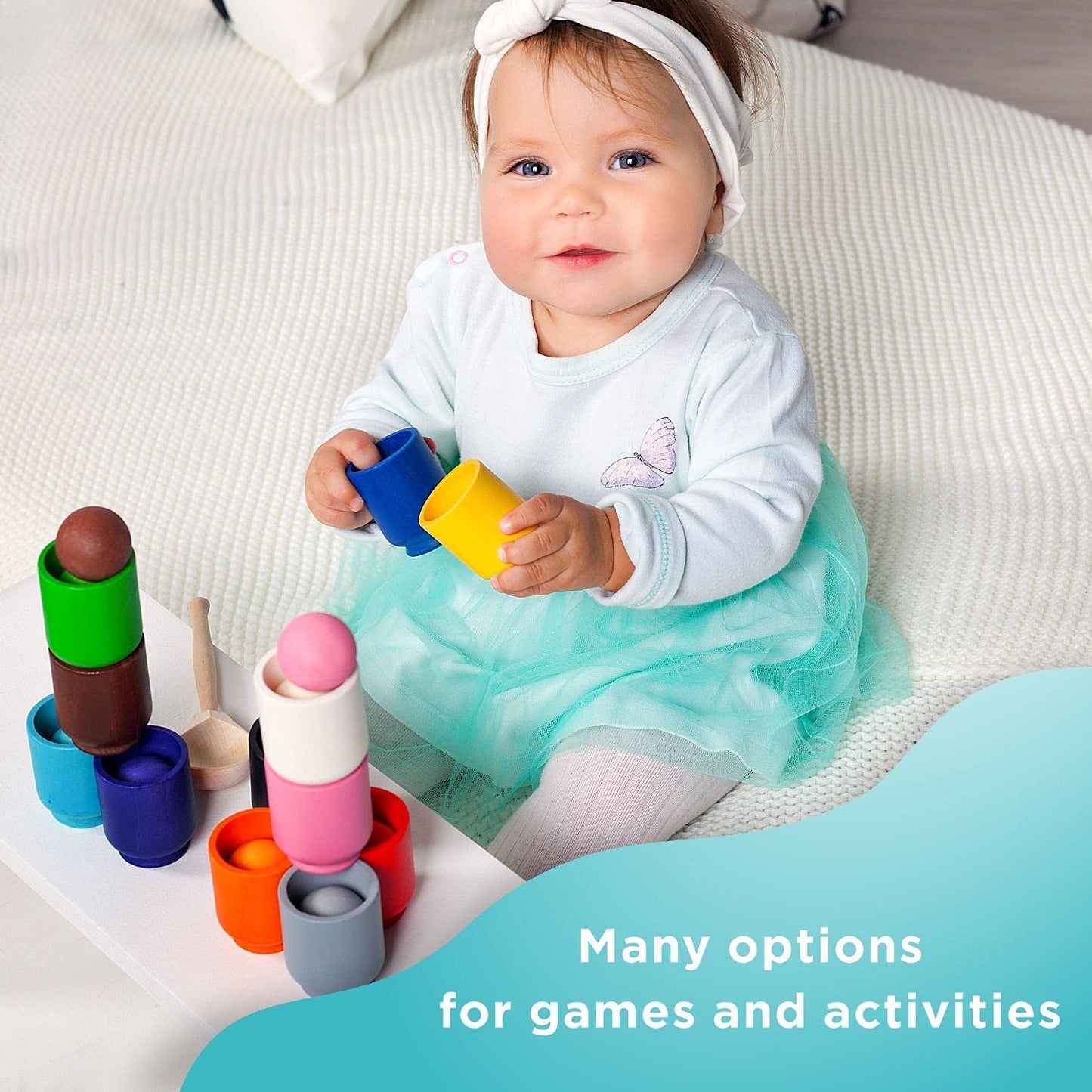 Wooden Sorting Toy Toddler Learning Activities 12 Balls & 12 Cups