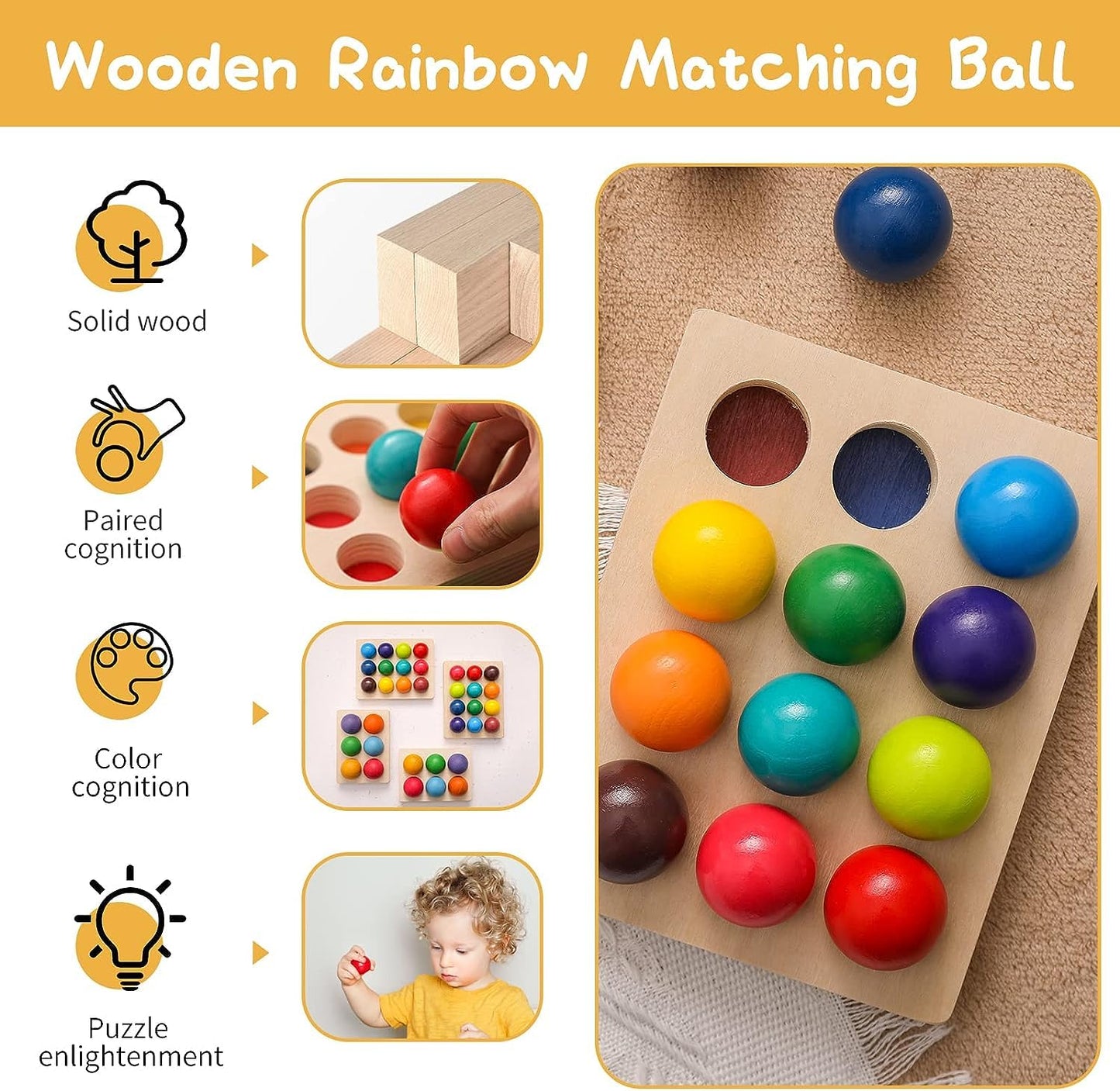 12 Piece Colorful Balls Wooden Rainbow Color Sorting Toy
