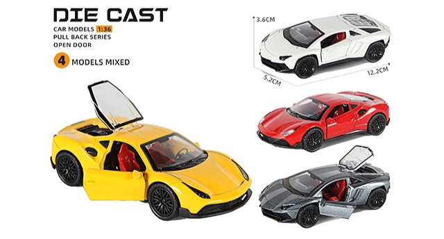 FERRARI 1/36 Die cast metal Alloy Cars, openable doors With Pull Back Function with light & Music multicolor