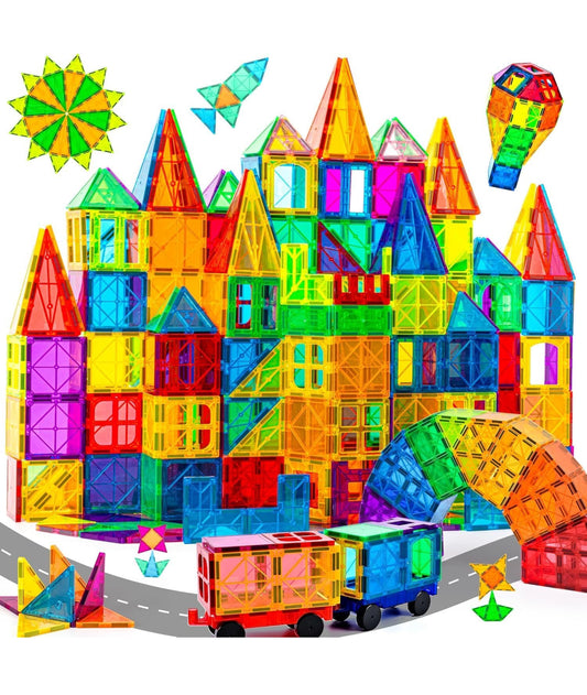 Set of 60 Pcs Magnetic Tiles with 2 Car Chassis for Kids, Educational Stacking Blocks for Boys Girls, Magnets Construction Toys,Stem (60 Big Tiles + 2 CAR Chassis)