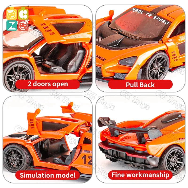McLaren Senna Sports Car, 1/43 Die cast metal Alloy racing Cars, openable doors With Pull Back Function