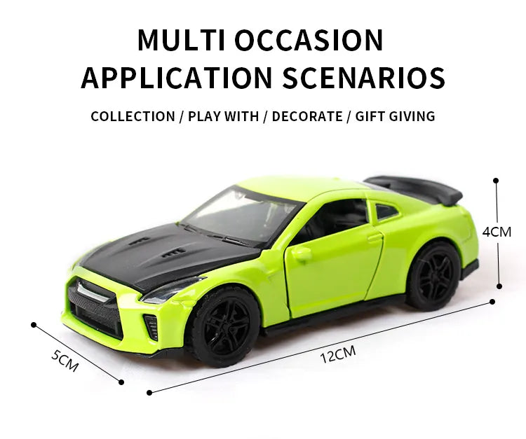 NISSAN GTR 1/36 Die cast metal Alloy Cars, openable doors With Pull Back Function with light & Music multicolor