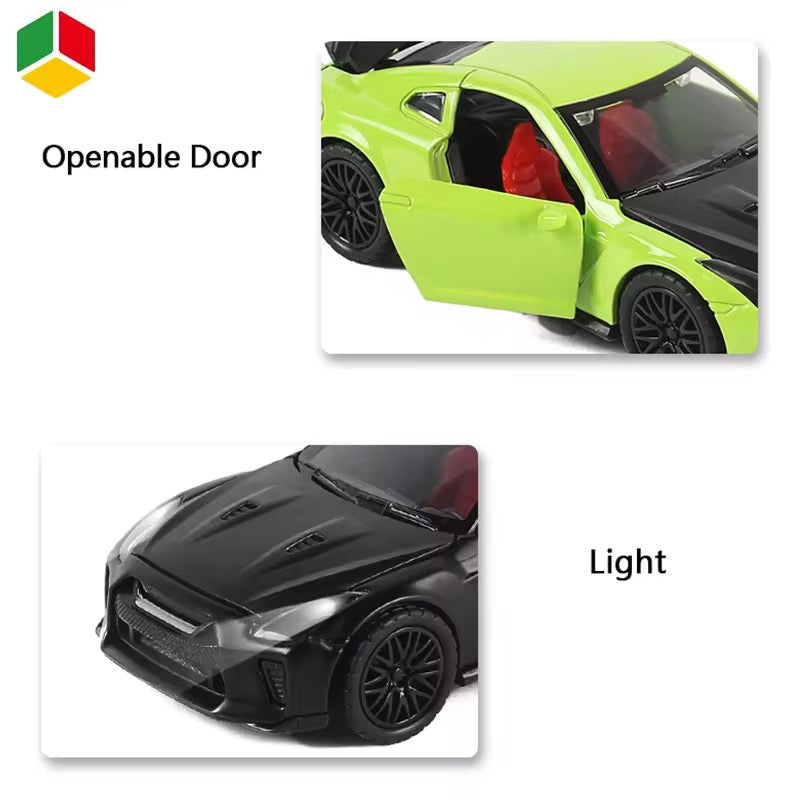 NISSAN GTR 1/36 Die cast metal Alloy Cars, openable doors With Pull Back Function with light & Music multicolor
