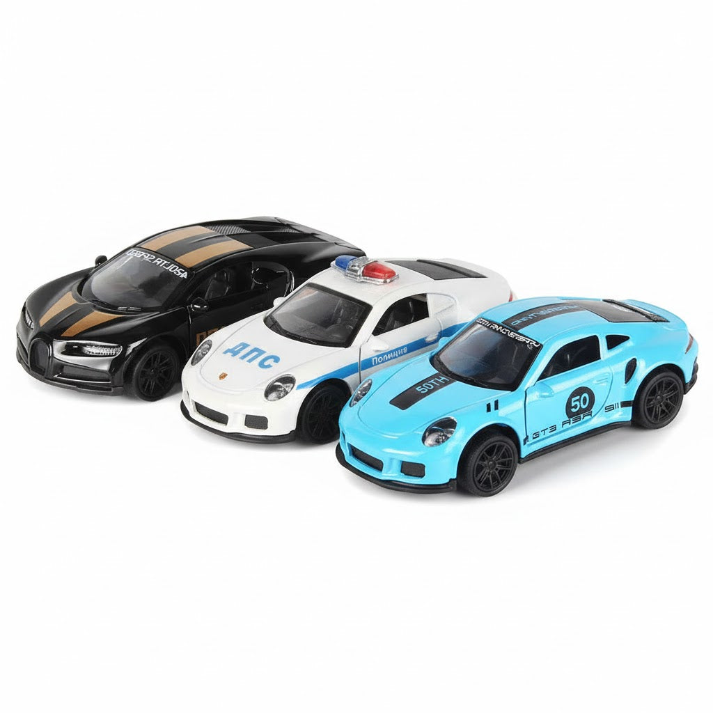 Die-Cast Cars Set | Black Bugatti & Porsche 1:43 Pull Back Toy Cars