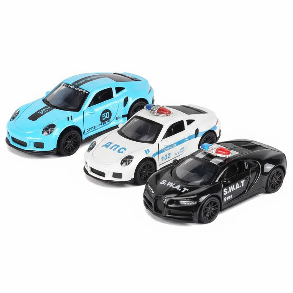 Die-Cast Cars Set | 2 Porsche & 1 Bugatti | Pull Back