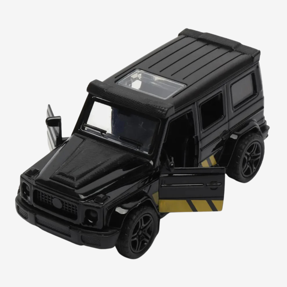 Black toy SUV with open door on a white background