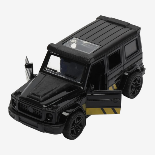 Black toy SUV with open door on a white background