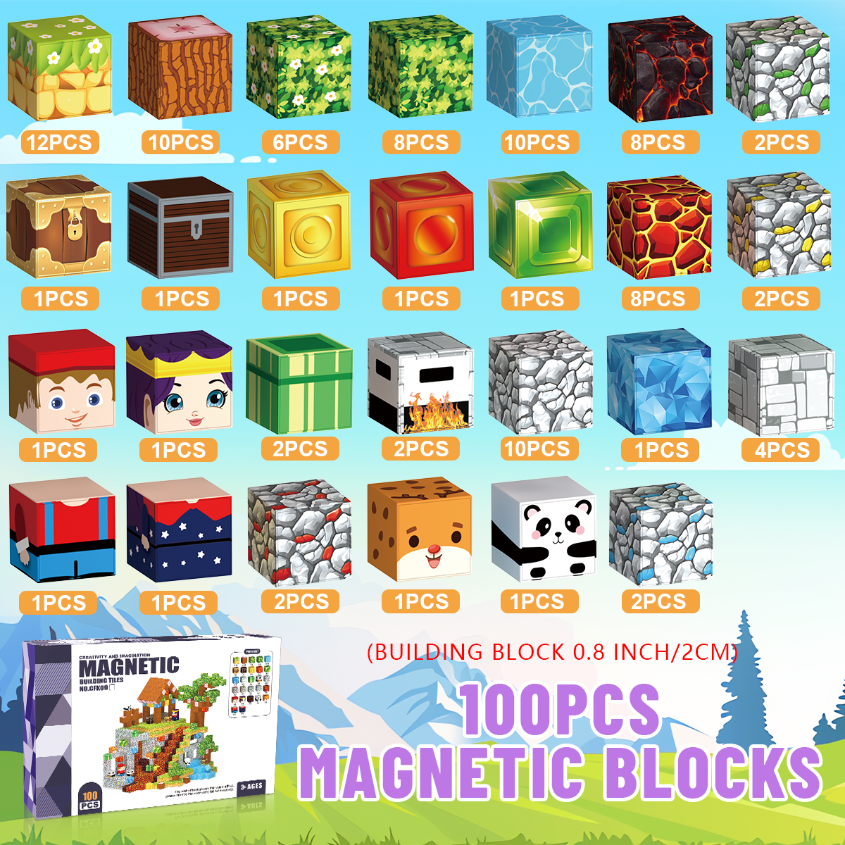 Minecraft 3D Magnetic Building Blocks – Village Theme | 100 Pieces | 2cm Cubes