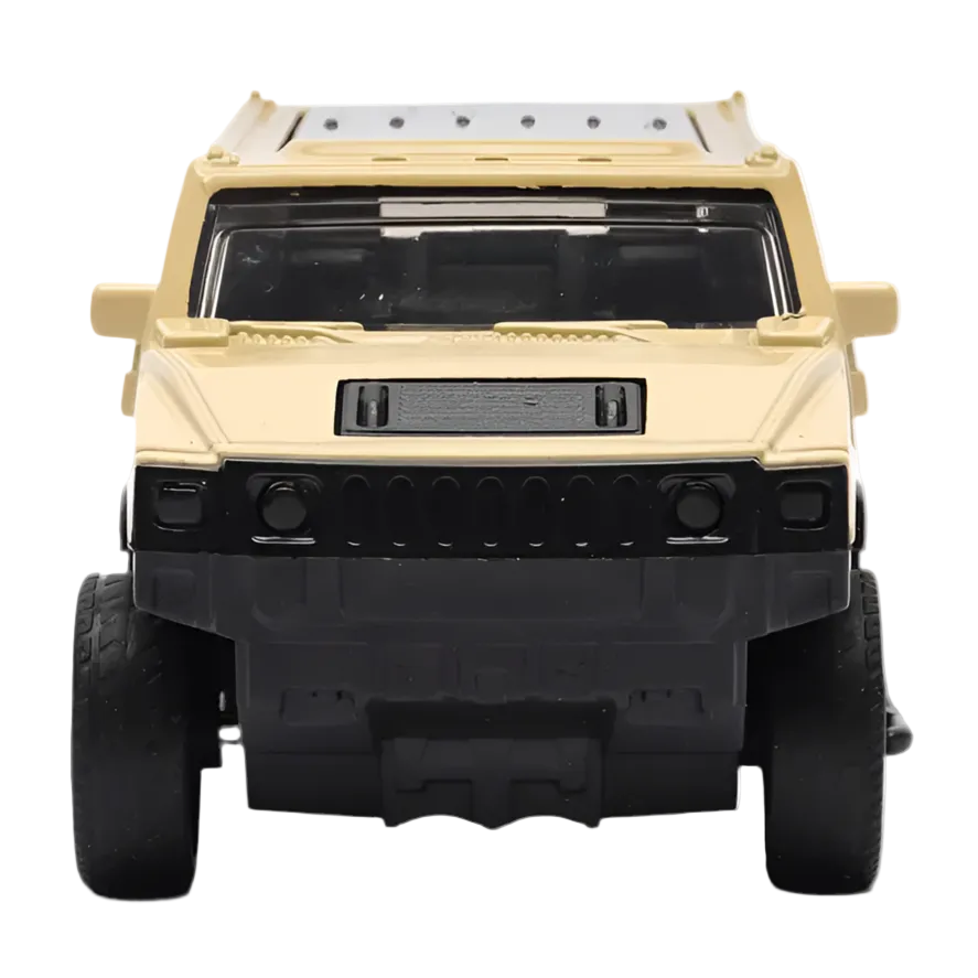 Side profile of beige die-cast Hummer 4x4 toy car with mud-splash detailing