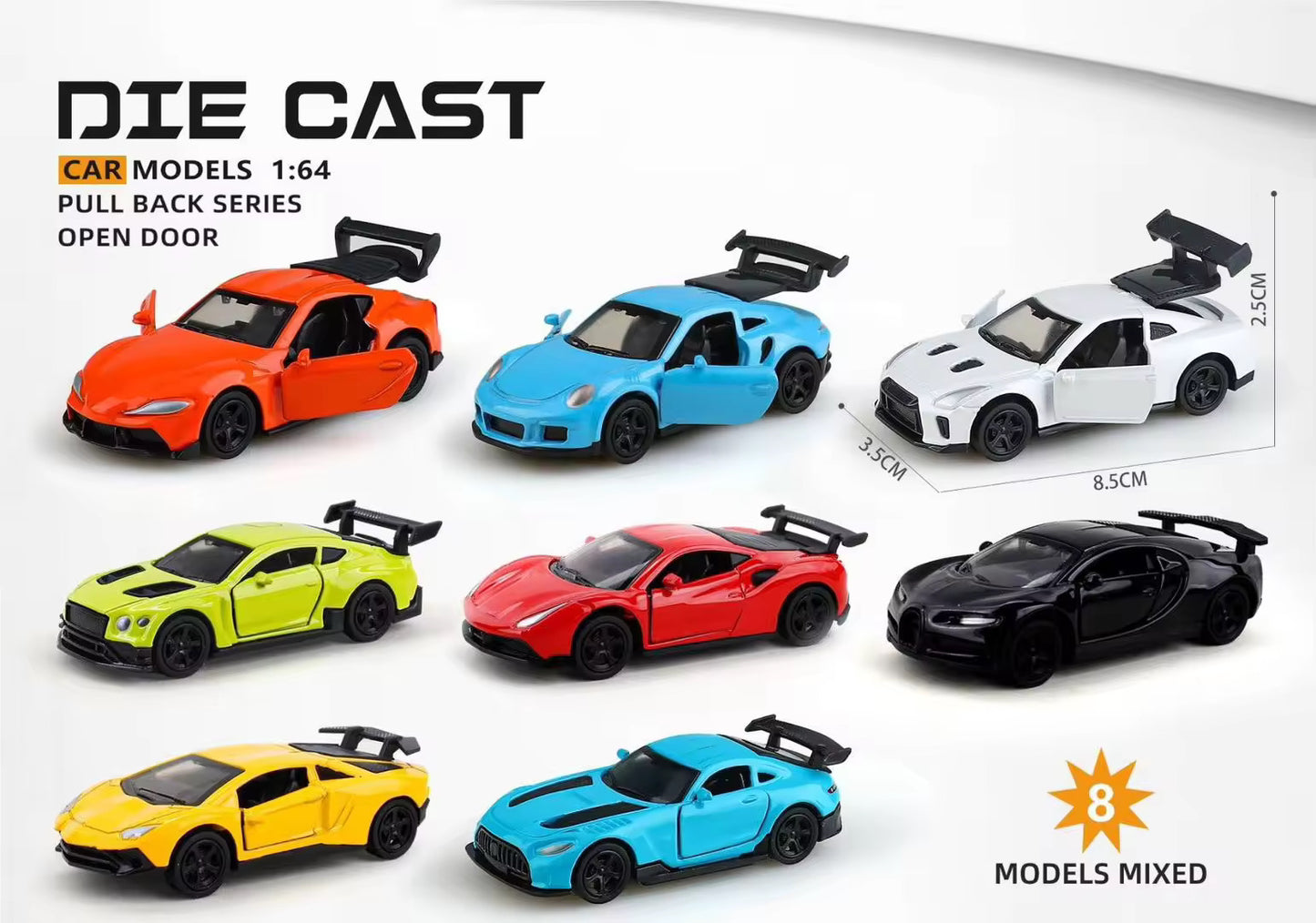 Die Cast metal Cars (8/8.5cm), Toy Cars Set, Openable Doors, Pull Back Car