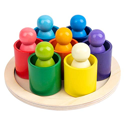 Wooden peg dolls in bowl Educational toys seven colors blocks and home dolls accessories