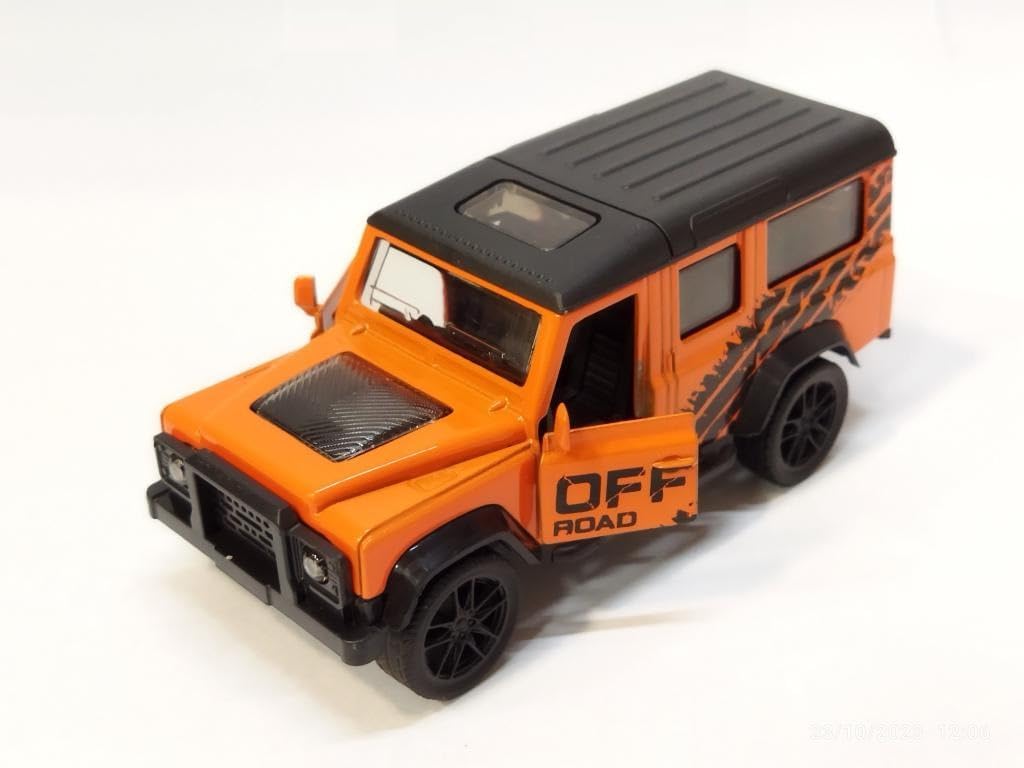 Side profile of orange die-cast Land Rover Defender toy car with black roof