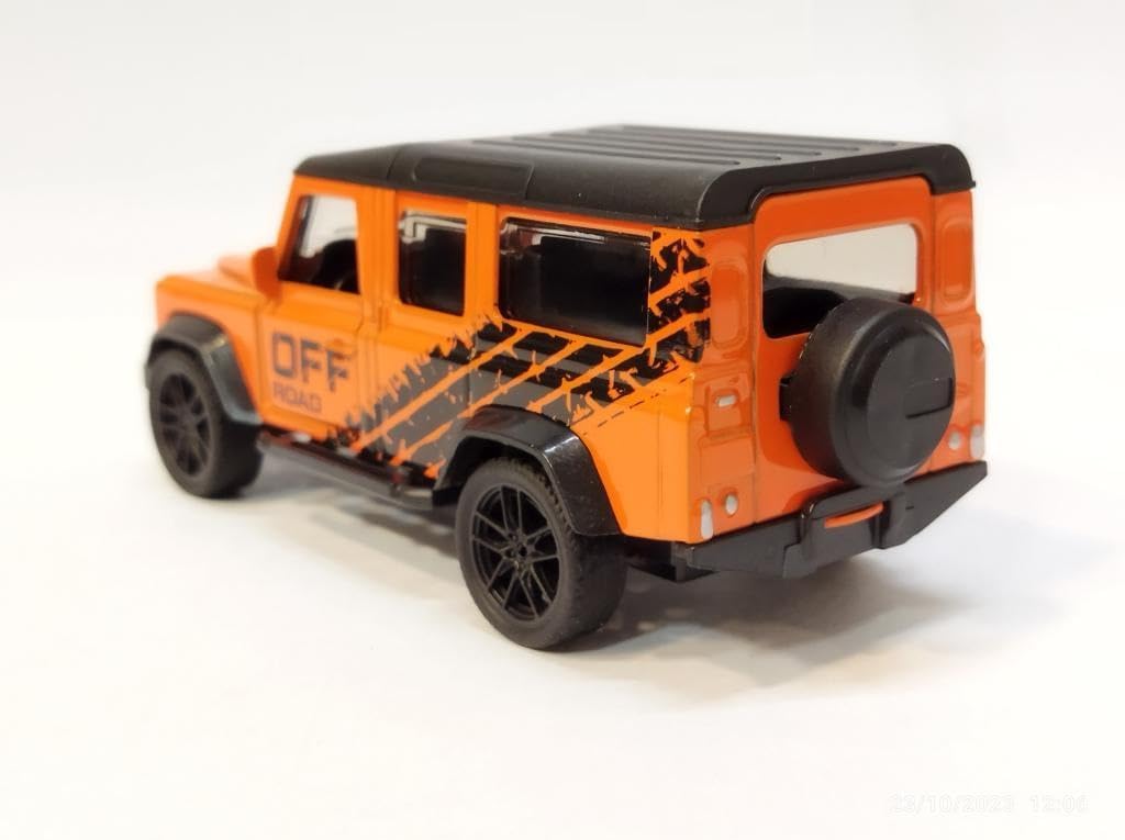 Front three-quarter view of orange die-cast Land Rover Defender toy car with OFF ROAD graphics