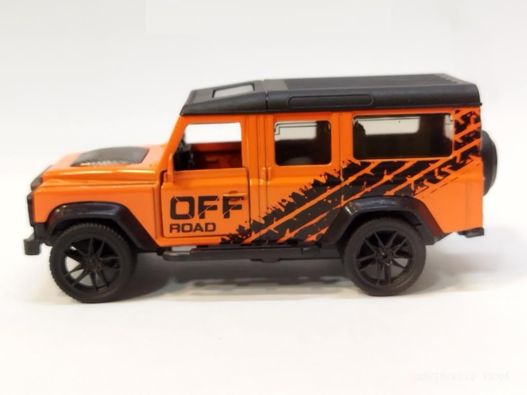Rear view of orange die-cast Land Rover Defender toy car with spare wheel