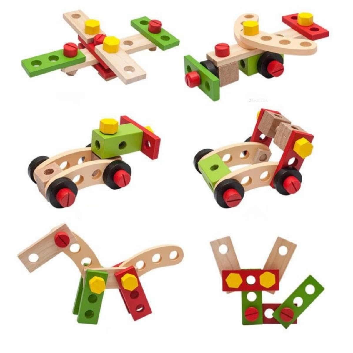 Wooden Construction Tool Kit, 28 Pieces Educational STEM Building Toy Set with Storage Box, Screws and Nuts, Red Green Yellow, for Kids 3-6 Years