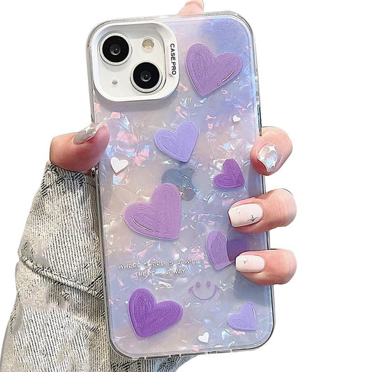 iPhone Cover Cool Shining Shell Love Heart Pattern Design with TPU Edges Phone Back Cover Case for Girls Women Bling Heart for iPhone 15 (Purple)