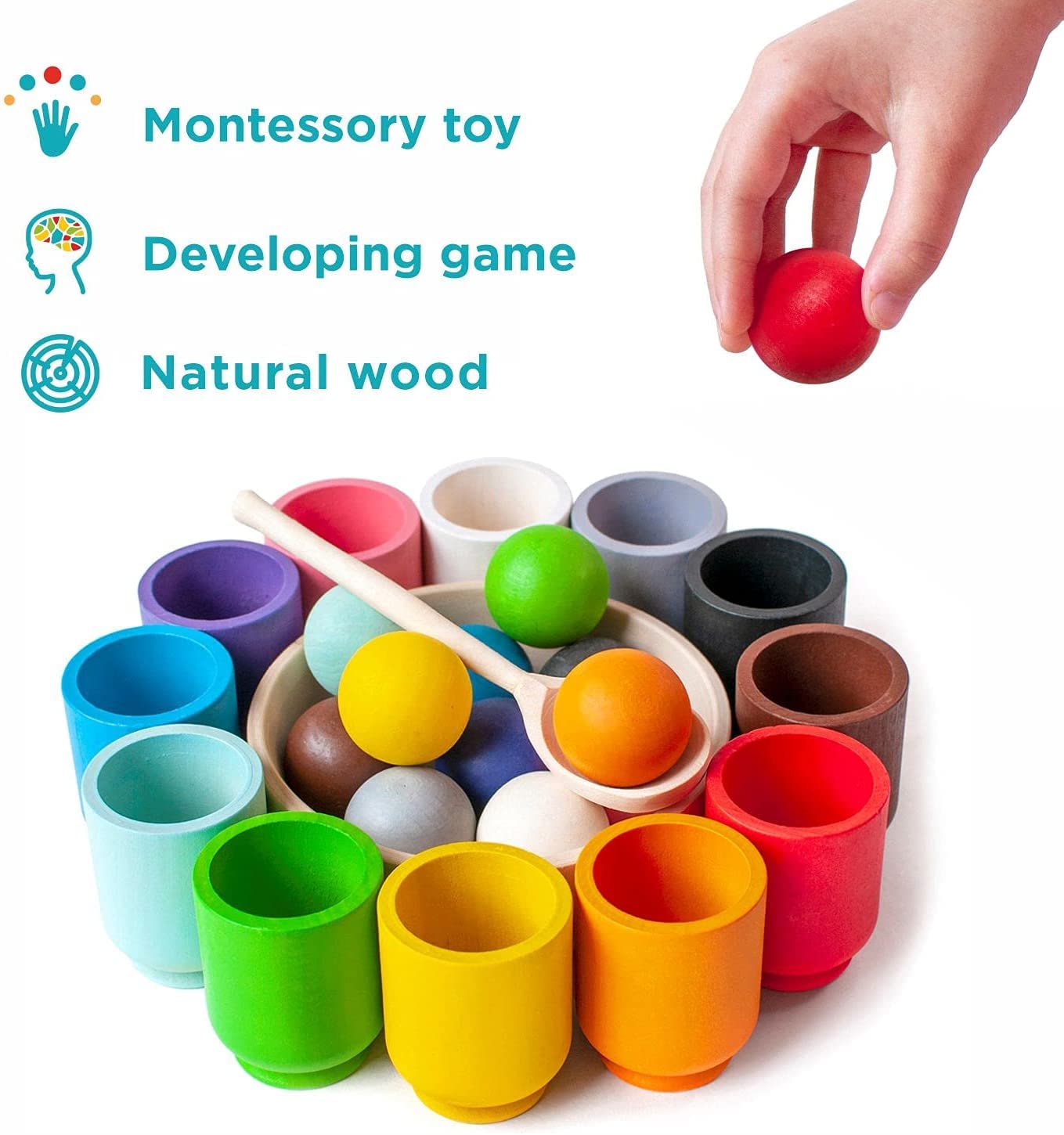 Wooden Sorting Toy Toddler Learning Activities 12 Balls & 12 Cups