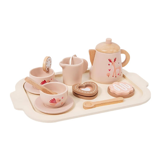 Wooden Tea Party Set for Kids, Pink Pretend Play Kitchen Playset with Cups, Saucers, Teapot, Educational Montessori Toy for Children 3-5 Years