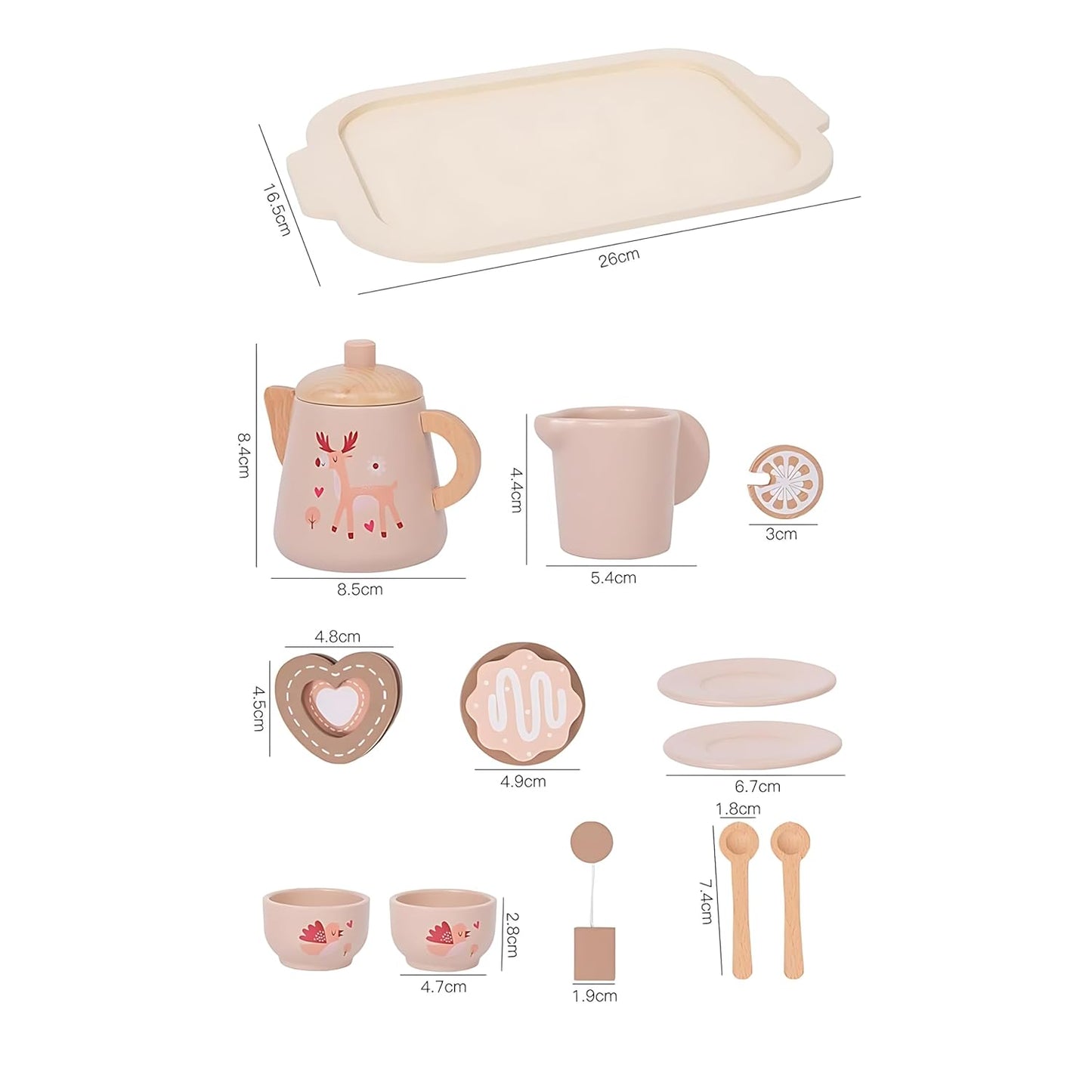 Wooden Tea Party Set for Kids, Pink Pretend Play Kitchen Playset with Cups, Saucers, Teapot, Educational Montessori Toy for Children 3-5 Years