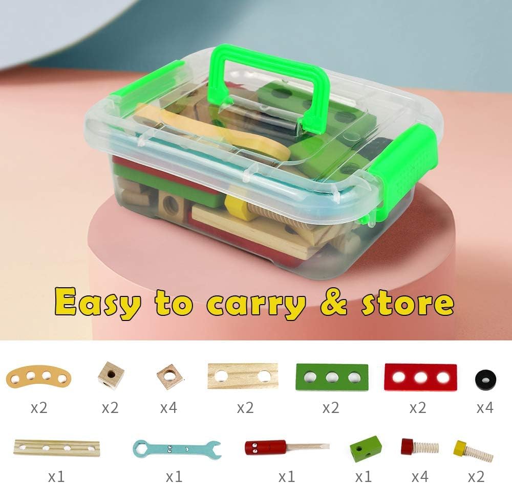 Wooden Construction Tool Kit, 28 Pieces Educational STEM Building Toy Set with Storage Box, Screws and Nuts, Red Green Yellow, for Kids 3-6 Years