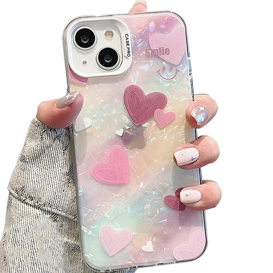 iPhone  Cover Cool Shining Shell Love Heart Pattern Design with TPU Edges Phone Back Cover Case for Girls Women Bling Heart