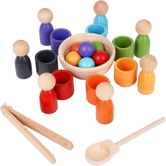 Wooden Colour Sorter Game, Balls in Cups, Montessori Toy Wooden Peg Dolls in Cups Game