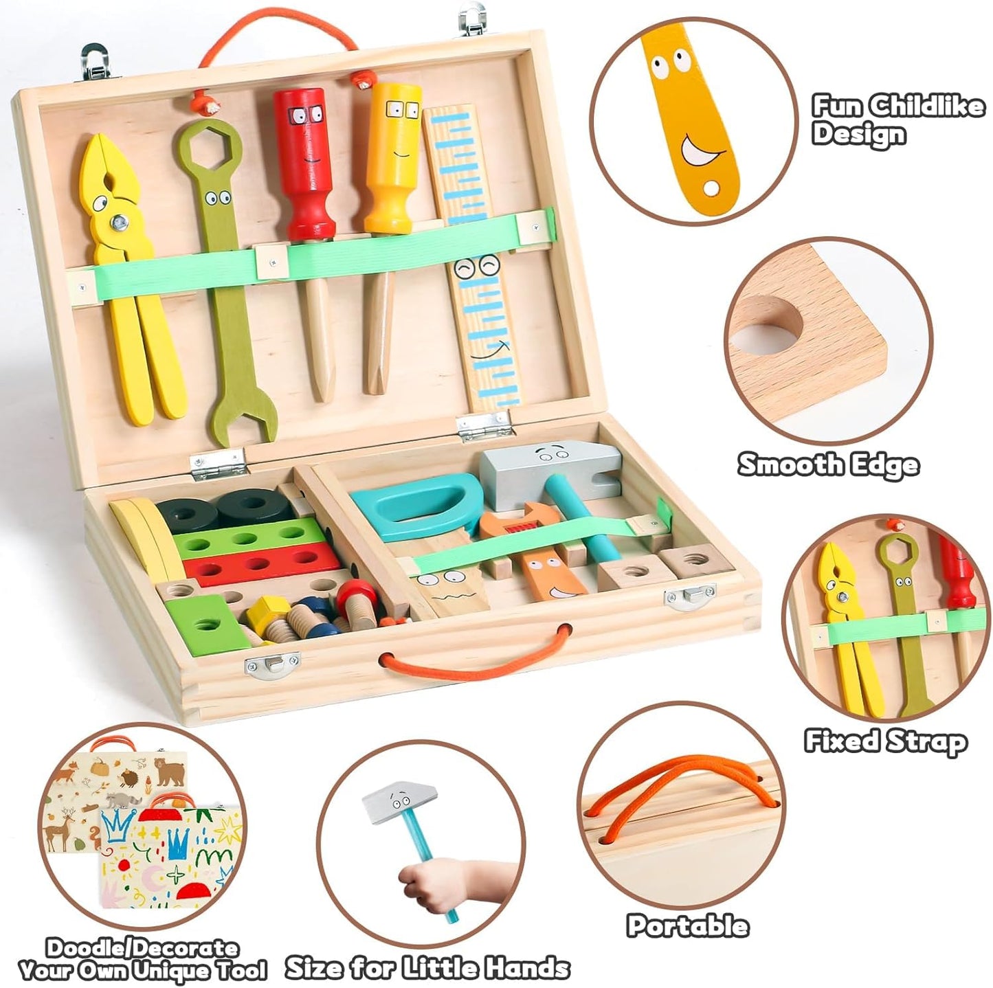 Wooden Tool Box Set ( 34 pcs ) for Kids, Montessori Educational STEM Construction Building Toys with Pretend Play Tools, Storage Case for Toddlers