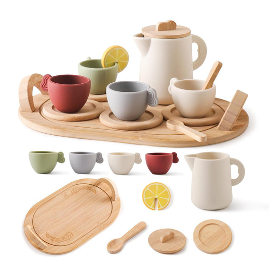 Wooden & Silicone Tea Party Set for Little Girls 14pcs Toddler Tea Set with Silicone Teapot Cups Carrying Tray Scoop Kids Kitchen Accessories Pretend Play Wooden Toys